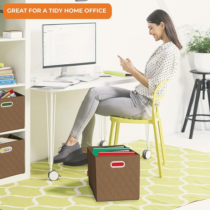 Small 11-inch Brown Foldable Diamond Patterned Faux Leather Storage Cube Bins Set of Four with Handles with Dual Handles for living room, bedroom and office storage - Image 5