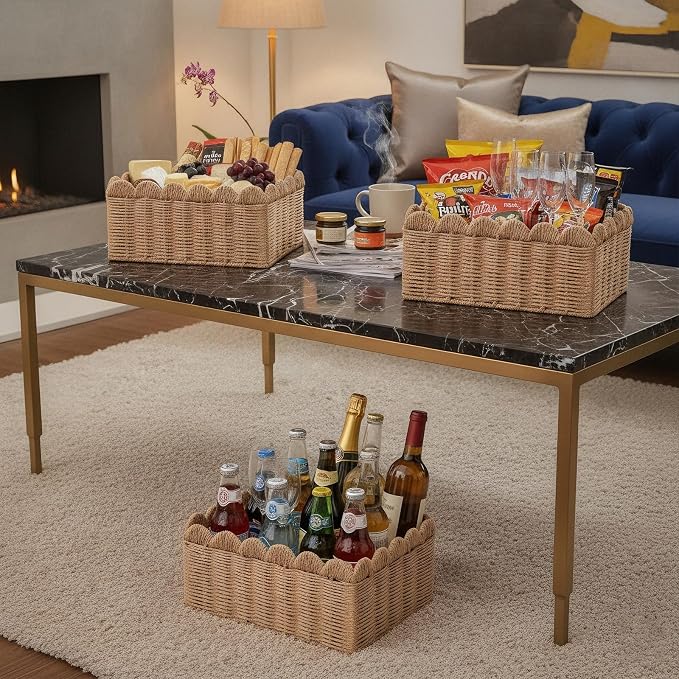 3 Pcs Wicker Storage Baskets for Shelves Picnic Basket,Scalloped Baskets, Hand-woven Wicker Storage Cubes, Paper Rope Shelf Baskets for Organizing and Decoration,Brown Basket - Image 4