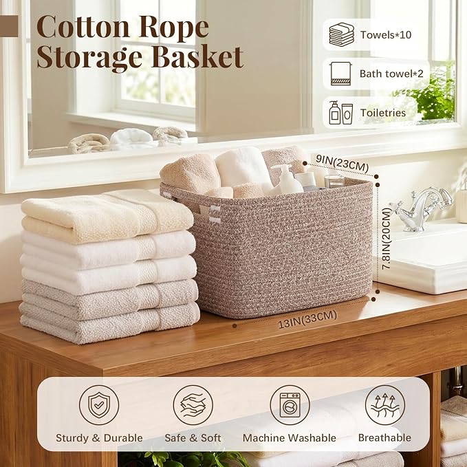 OIASKET 4Packs Natural Cotton Rope Storage Baskets for Organizing Toys, Clothes, Towels & Books, Soft Versatile Organizers for Shelves, Home Decorative Bins, 13''Lx9''Wx7.8''H, Linen Brown - Image 2