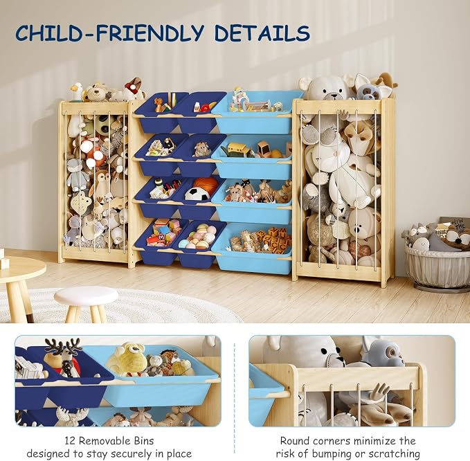 EXPERLAM Large Toy Storage Organizer, Wooden Stuffed Animal Storage & 12-Bins Toy Organizer, Double-Sided Plush Toy Holder Featuring Thicker Ropes, Space Save Bedroom Nursery Playroom Storage, Blue - Image 3
