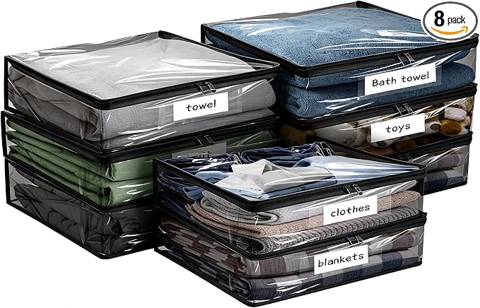 Plastic Storage Bags with Easy-Glide Zipper, Pack of 8, Durable Clear Vinyl Zippered Storage Bags for Clothes Sweaters Comforters Blankets Sheets Bedding (10.5 x 10.5 x 2.5 Inch, Transparent Black) by Kikerike