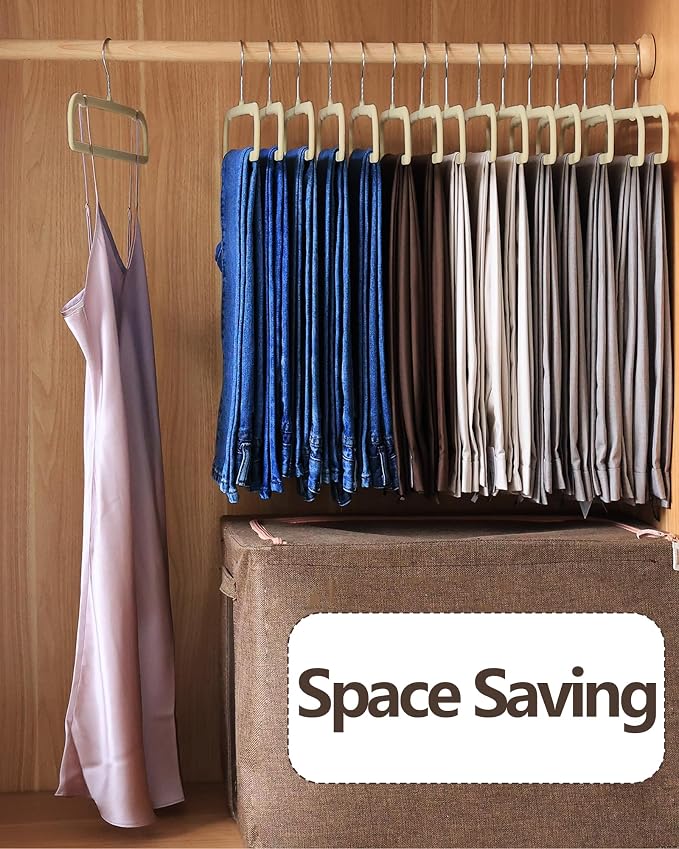 Velvet Hangers Non Slip - 20 Pack Pants Hangers for Closet - Thin Space Saving Clothes Hanger - Strong, Durable, Jean Perchas with 360 Degree Rotatable Hook for Tank Top (Beige Silver Hook) - Image 6