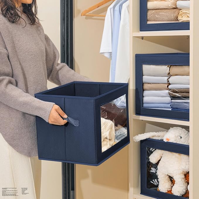 Stackable Storage Bins with Lids - Large Decorative Basket with Lids, Fabric Foldable Closet Organizer Bins, Shelf Organizer for Living Room, Dorm, 5 Pack, Navy Blue - Image 5