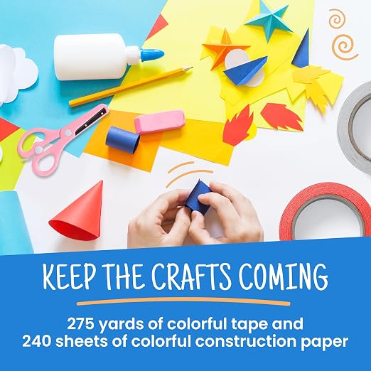 Craftzilla Arts and Crafts Kit for Kids – 11 Colored Masking Tape Rolls, 240 Sheets Construction Paper Assorterd Colors, Kid-Safe Scissors – All-in-One Kids Art Supplies Set - Arts and Craft Supplies - Image 5