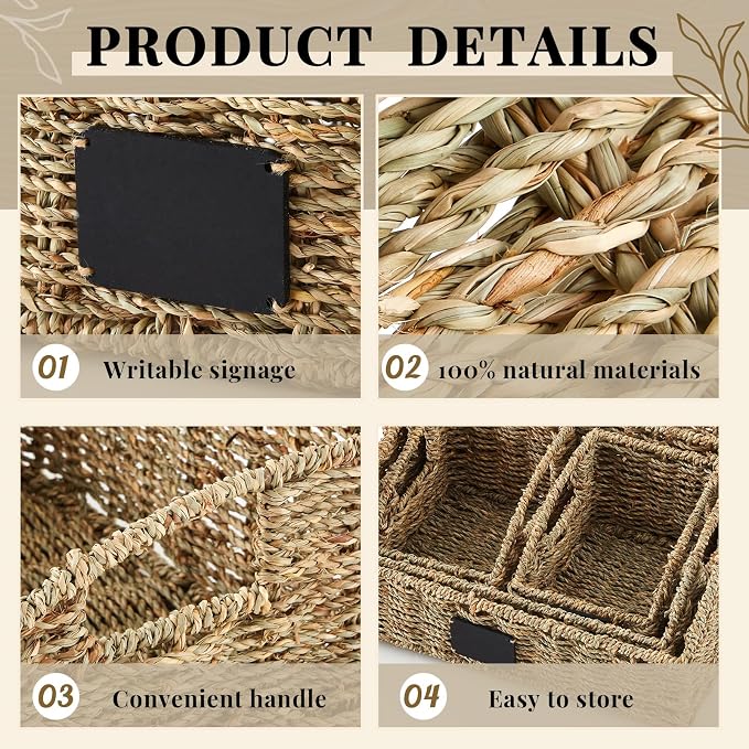 4 Pcs Natural Seagrass Storage Baskets Set Stackable Handwoven Wicker Storage Bins with Chalkboard Label Built-in Handles Woven Container Basket Kitchen Baskets for Shelves - Image 3