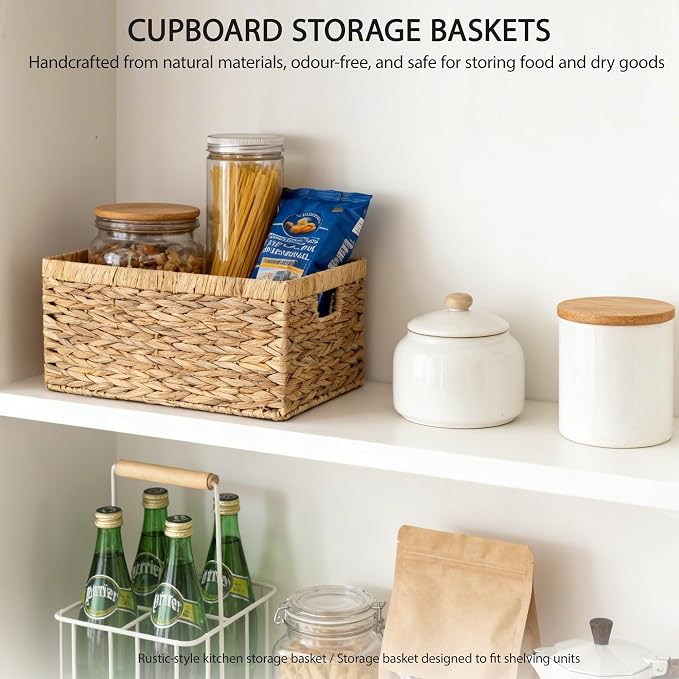 Woven Natural Water hyacinth Rectangular Storage Baskets with inside Handle,Kingwillow(Large) | Rustic decor, with handles, brown‑tan tone, for shelves, bathroom, kitchen, entryway, office files, pet toys - Image 6