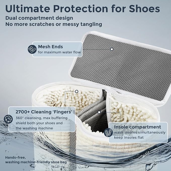 Shoe Washing Machine Bag for Sneaker Cleaning Laundry Shoe Bag, Beige | Dual Compartment, Full Protection, Clasp-Lock Zipper, Dense Chenille, Bound Edge & Seams - Image 3