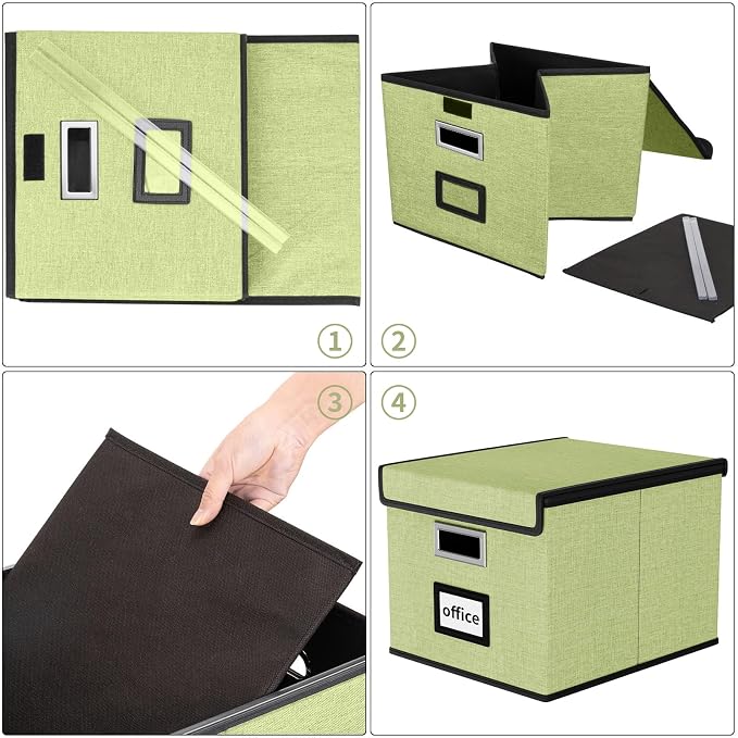 File Organizer Box with Lids, Collapsible File Folder Organizer | File Box with Plastic Slides for Document, Filing Bin for Letter Size Hanging File Folders (2 Pack, Dark Green) - Image 7