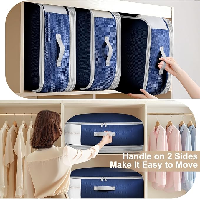 Comforter Storage Bag - Large Capacity Blanket Storage Bags 4-Layer Ultra Space Saving Self Compression Organizer, Washable Compression Bags for Storage Comforter Blanket, 4-Pack, Navy Blue - Image 4