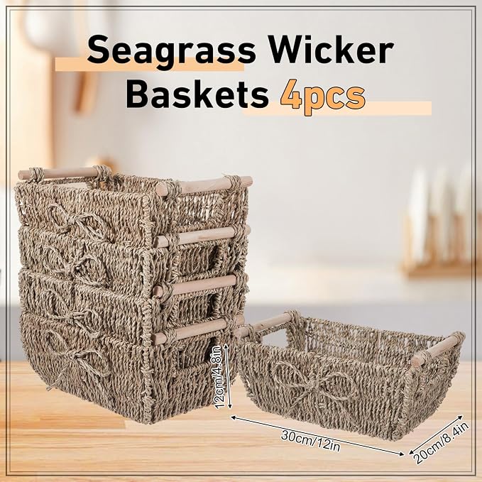 Colingmill 4 Pack Bow Large Storage Baskets with Wooden Handles Decorative Baskets for Gifts Empty Wicker for Shelf 12''l x 8''w x 4.8''h Hand-woven Round Paper Rope Containers - Image 3
