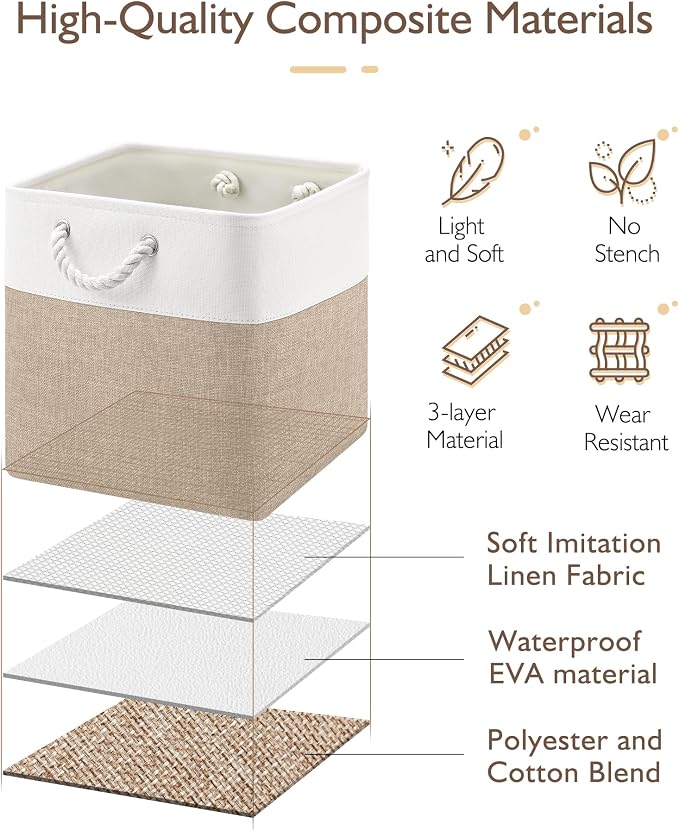 Patvingot 13-Inch Fabric Cube Storage Bins with Handles,4 Pack,Foldable | For cube shelves and closets,keeps grouped for everyday access,reinforced opening and fold-flat storage,white and khaki - Image 3