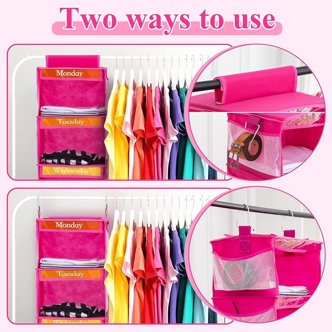 2 Pcs 6 Shelf Hanging Weekly Clothes Organizer for Kid,Rose Red | Closet Organization, Hanging Closet Shelves with Side Pockets, Labeled Shelves with Days of The Week Monday Through Weekend - Image 4