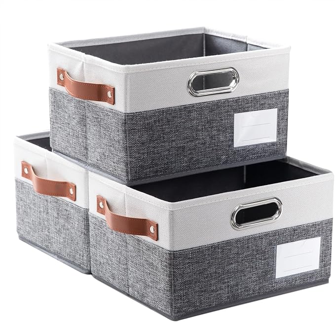 Foldable Storage Bins with Handles [3-Pack] Fabric Collapsible Storage Boxes Baskets Cubes Containers with Handles for Closet Living Room Bedroom (Grey & White 11.5x8.5x6.7'') by Prandom