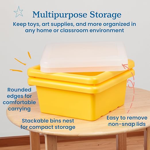 ECR4Kids Stackable Square Bins with Non-Snap Lids, Multipurpose Organization, Yellow, 2-Pack - Image 4