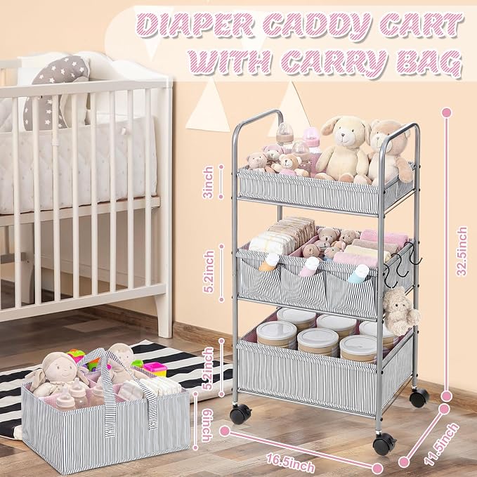 WILLBOND 2 in 1 Baby Diaper Caddy Organizer Cart, 3 Tier Large Stripe Bedside Rolling Cart Metal for Baby Essential with Divider for Newborn Registry Must Have Nursery Bedroom Mother Gift(Pink) - Image 2