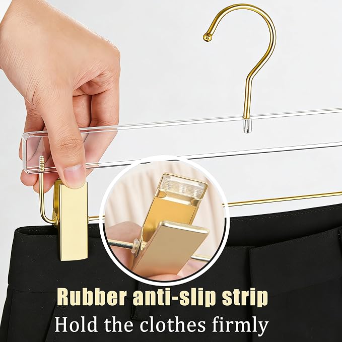 Acrylic Hangers,Clear Hangers with Gold Hooks,Luxurious Skirt Pants Hangers Gold Clips for Clothing Closet Storage 10 pcs - Image 6