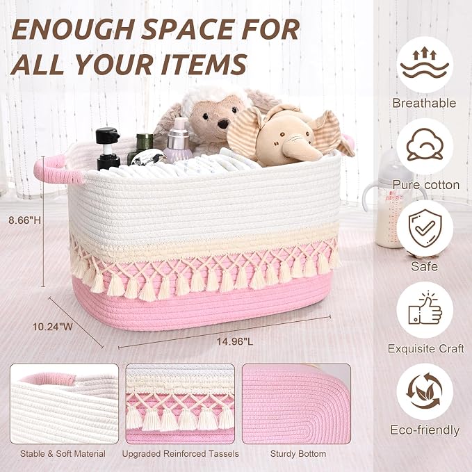 2 Pack Storage Basket for Shelves, Boho Cotton Rope Storage Bins with Heavy Tassel, Shelf Baskets Large Woven Baskets for Organizing, Cube Organizer Bins, Baby Laundry Basket for Clothes, Toys, Pets - Image 5