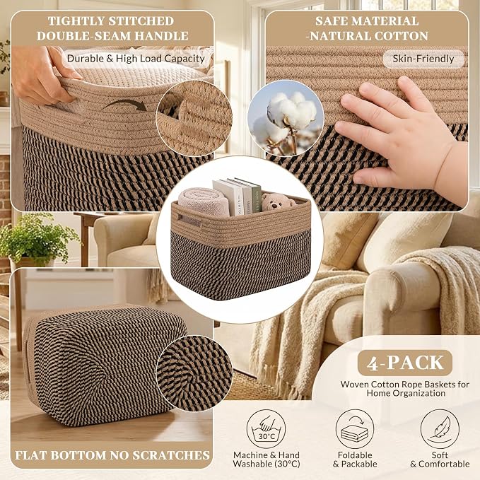 OIAHOMY 4 Pack Storage Basket, 13"x9"x7.8" Cotton Rope Baskets for Shelves, Closet Organizer for Bedroom & Living Room, Soft Decorative Bins for Organizing Towels, Books & Toys, Brown & Black - Image 3