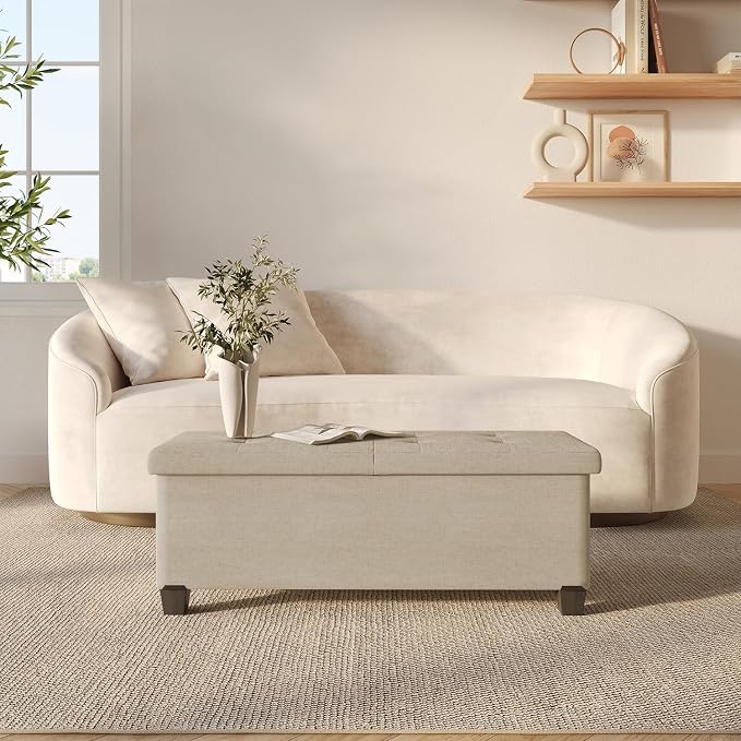 Storage Ottoman Bench with Bins, 43-in Storage Bench for Bedroom End of Bed, Folding Foot Rest Ottoman for Living Room Max 660lbs, Fabric Ottomans, Beige - Image 2