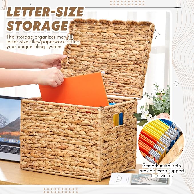 Jingmore Water Hyacinth File Storage Box with Scalloped Lid Collapsible Letter Size Hanging Filing Organizer Basket for Home Office, Woven Decorative Document Storage Box (Letter Size) - Image 3