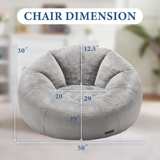 Hobestluk Large Beanbag Chairs for Adults Donut-Shaped Plush Sofa Couch | Grey, Oversized Bean Bag Chair with Faux Fur Cover Foam Filling Cozy Lounger for Bedroom Living Room Reading - Image 2
