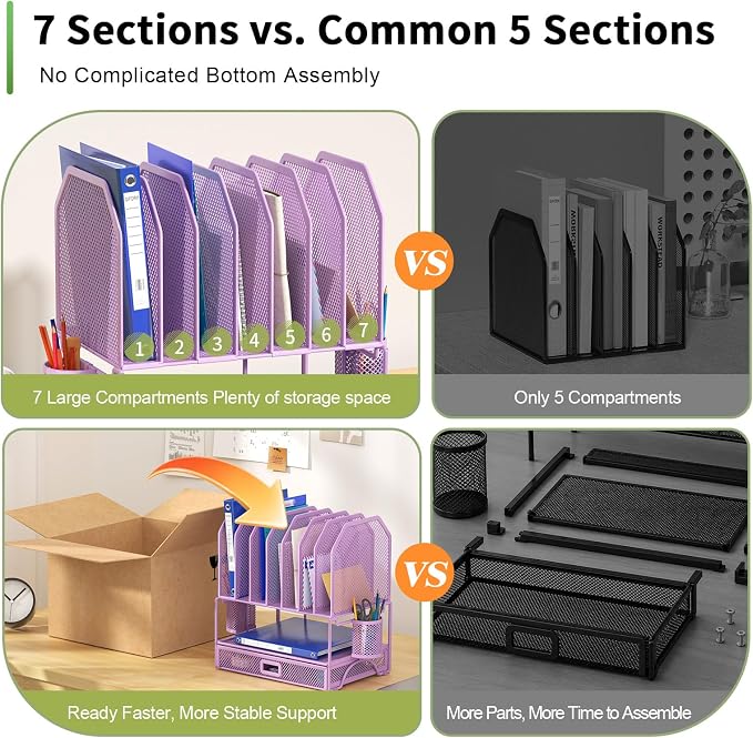 FANXIYQ Metal Desk Organizer with Sliding Drawer, 7-Section File Organizer for Desk, Desktop File Folder & Paper Organizer with 2 Hanging Pen Holders, Office Supplies Organizer, Purple - Image 6