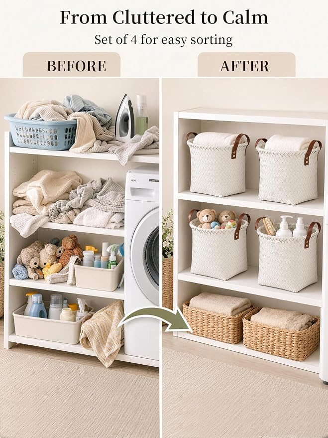 Wicker Storage Baskets, 4 Pack Woven Baskets for Shelves, White | PP Rattan, Water-resistant Wicker Basket, Large Baskets with Faux Leather Handles for Blanket, Laundry Organizer, Room Decor - Image 6