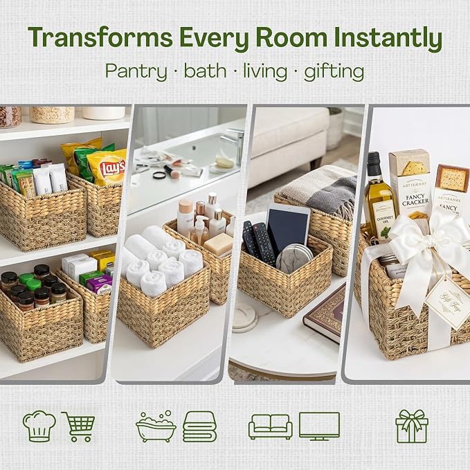 Small Wicker Storage Basket, Set of 2, 8 x 7 x 5.5 Inches | Natural, Woven Baskets for Organizing Living Room, Pantry, Shelves, Wicker, Decorative, Storage, Small - Image 3