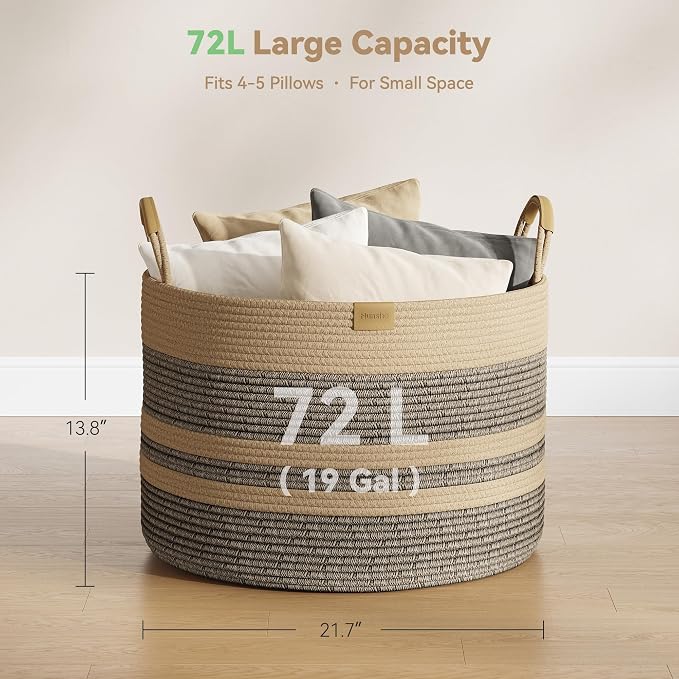 Nunsino 72L Woven Blanket Basket with Leather Handles, Cotton Rope Laundry Basket Hamper,Decorative Nursery Basket Toy Storage Basket for Kids, Living Room, Bedroom,Dark Brown Stripes - Image 4
