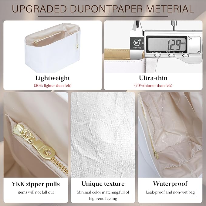 Purse Organizer Insert for Longchamp Le Pliage Large, White Beige | 6-Compartment Bag Organizer with YKK Zipper Pocket, Cup Holder, Key Chain, Waterproof DupontPaper Lightweight Handbag Shaper - Image 6