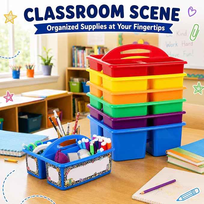 12 Pack Large Colorful Classroom Caddy Organizer with Composition Notebook Label Stickers 3 Compartments Teacher Supply Storage Caddy Table Caddies Holder for Classroom Desk Craft Art School Supplies - Image 4