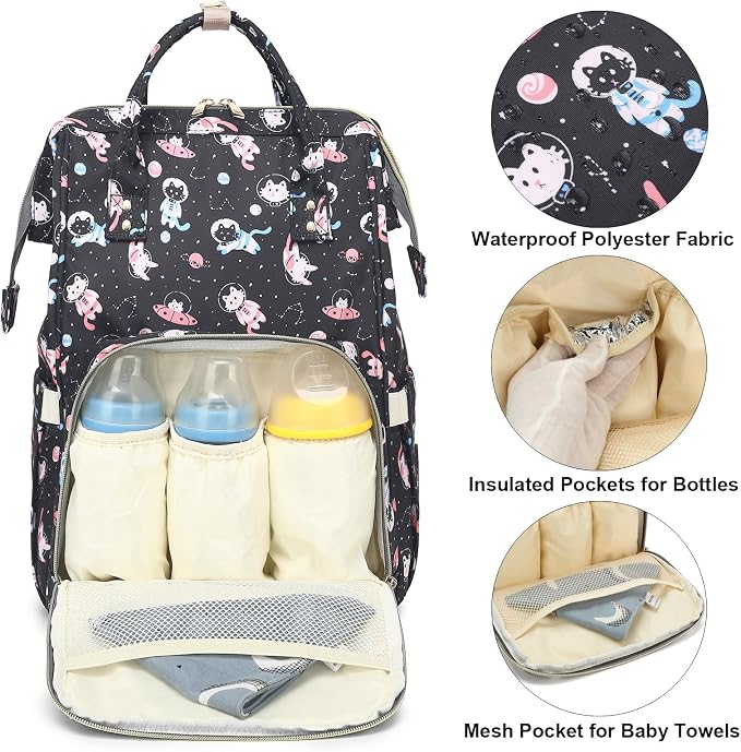 Cat Baby Diaper Bag Backpack for Women, Large Capacity Waterproof Maternity Travel Nappy Backpacks with Stroller Straps - Image 2