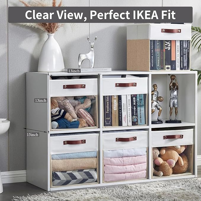 Storage Cubes, 4 Pack Linen Foldable Storage Bins with Clear Window and 2 Handles, 13x15x13 Storage Cube Bins for Shelf Closet, Kallax, Clothes, Books - (Beige / Off-White) - Image 2