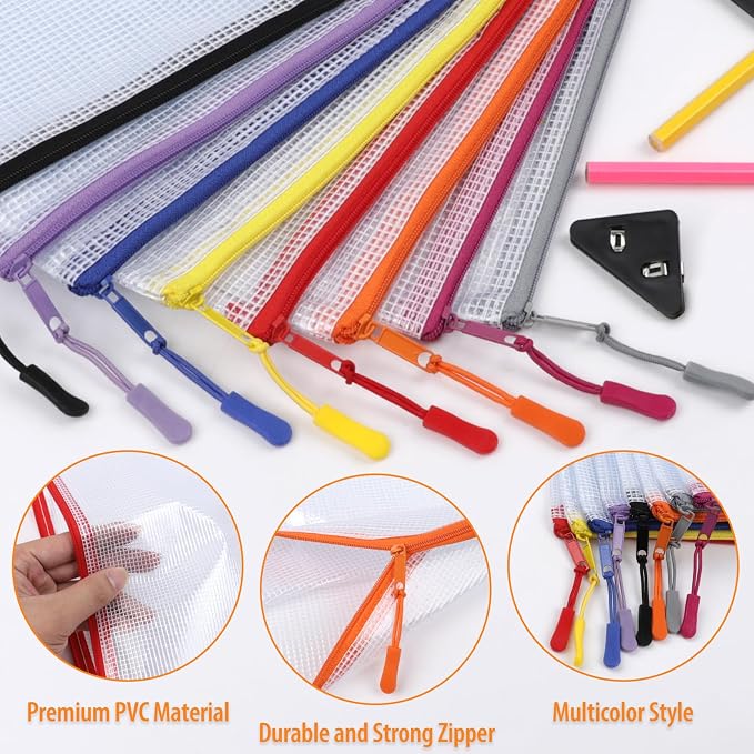 YOPCDJ 20PCS Mesh Zipper Pouch Bags, A4 13x9 Inches Waterproof Mesh Bags with Zipper, Plastic Zipper Pouch for Organizing, Mesh Bag for Travel Storage, 8 Colors Assortment - Image 3