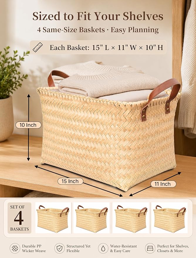 Wicker Storage Baskets, 4 Pack Woven Baskets for Shelves, Yellow | PP Rattan, Water-resistant Wicker Basket, Large Baskets with Faux Leather Handles for Blanket, Laundry Organizer, Room Decor - Image 2