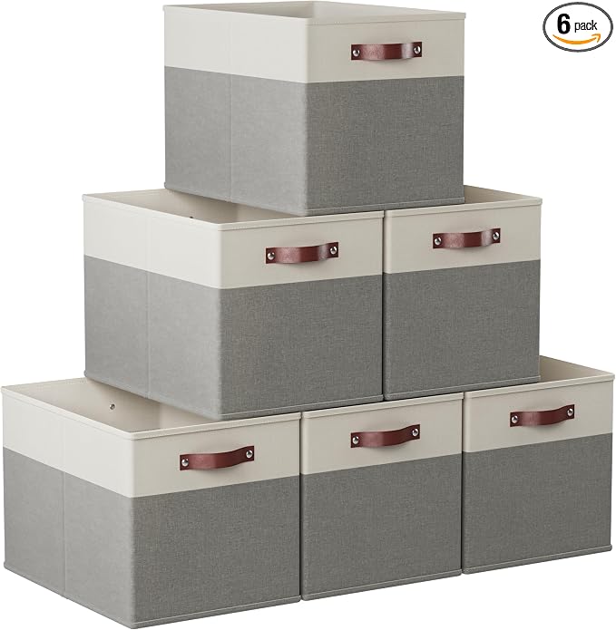 Ornavo Home 13x15x13 Foldable Fabric Storage Cube Bins, 6 Pack, White/Gray | Collapsible Linen Shelf Basket Organizer; Leather Handles; Fits Cube Storage Shelving Units by OrnavoHome