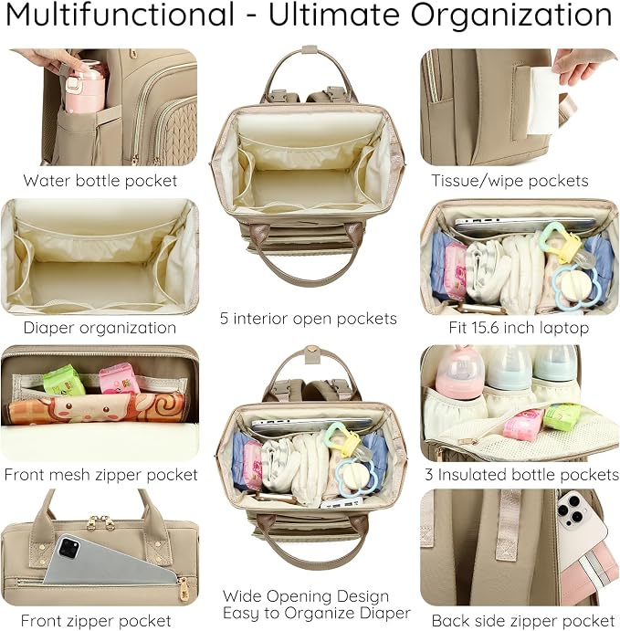 AIJIEKE Large Diaper Bag Backpack, Extra Wide Travel Diaper Bag, Khaki | Multi-functional waterproof maternity bag. Changing pad, stroller straps, insulated wet/dry pocket. Mom, dad, toddler travel - Image 2