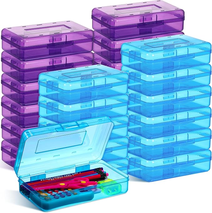 Fainne 24 Pack Clear Plastic Pencil Box,Blue, Purple | Stackable Organizer for School Supplies, Large Case for Crayons Markers, Snap-lid Keeps Stationery Secure, Bulk Set by Fainne