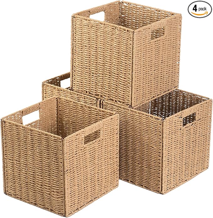 Foldable Storage Cube Bins Set of 4, Paper Woven Square Baskets, Natural, 11" x 11" x 11" by CYMFBSFBU