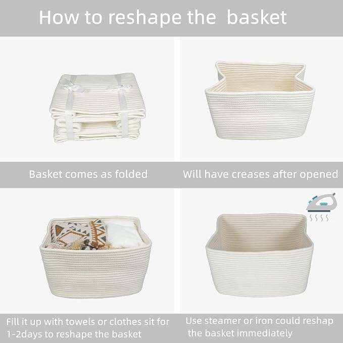 XUANGUO Woven Cotton Rope Storage Baskets 15x10x9.3" 3 Pack White | Decorative rectangular storage baskets for shelves and closets; storage bins organize clothes, toys, books and nursery items. - Image 7