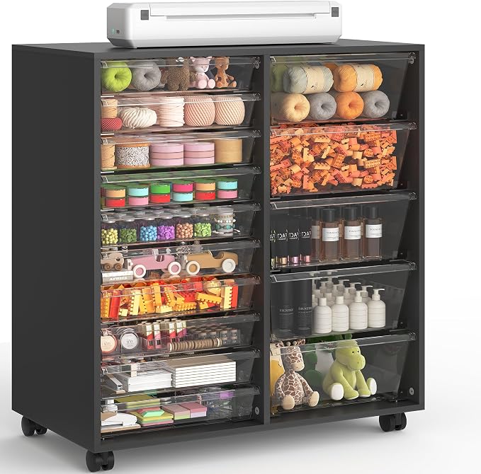 Mobile Storage Cabinet with 15 Clear Drawers, Modern Black | Craft Cabinet with 5 Large Drawers, Cart with Wooden Tabletop, Printer Stand Home Office, Dresser Chest by WOPITUESOfficial