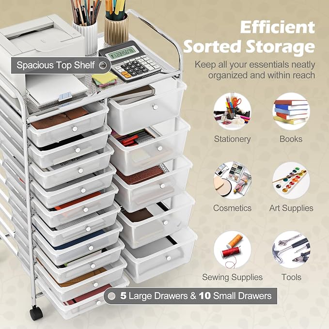 RELAX4LIFE 15-Drawer Rolling Storage Cart - Utility Cart with Metal Frame, Lockable Wheels & Removable Drawers, Multipurpose Art Craft Organizer for Home Office, Classroom (Clear) - Image 4