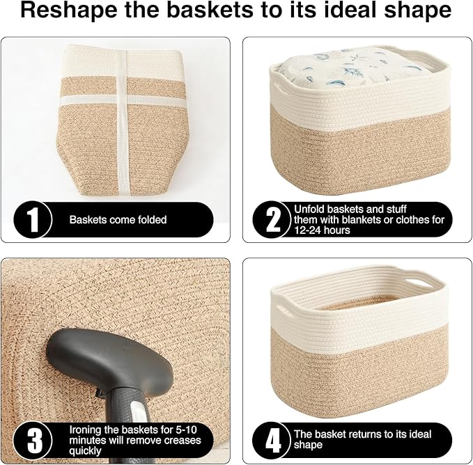 ICERZCZ Storage Baskets for Organizing & Shelves, Woven Cotton Rope Organization Bins for Dog Toys, Clothes, Books, Nursery Organizer, 15"Lx11''Wx9.5''H, (4 Packs) Off White & Brown - Image 7