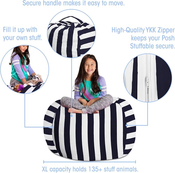 Posh Stuffable Kids Stuffed Animal Storage Bean Bag Chair Cover - Childrens Toy Organizer, X-Large 48" - Canvas Stripes Blue and White - Image 2