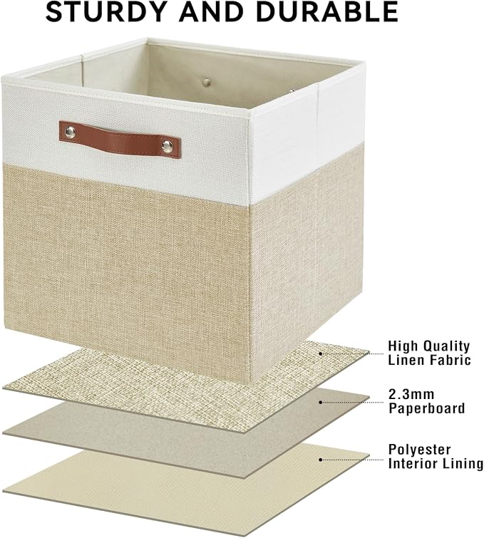 Collapsible Fabric Storage Cube Bins with 2 Reinforced PU Handles, Foldable Storage Organizer Baskets for Closet, Shelves, Living Room | 13"x13"x13", 4 Pack, Beige & White - Image 5