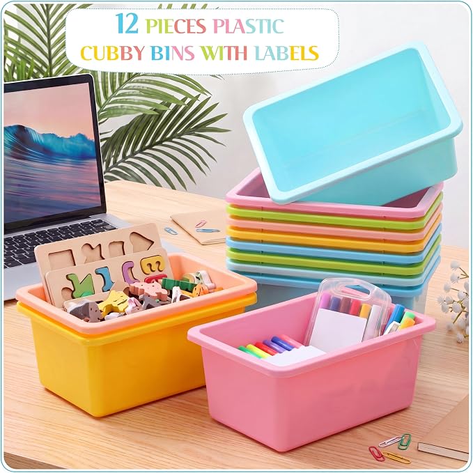 Thyle 12 Pieces Plastic Cubby Bins with Labels Classroom Book Bins Stackable Storage Container Durable Toy Storage Organizer Baskets for School Classroom Office (Classic,Light Color) - Image 4