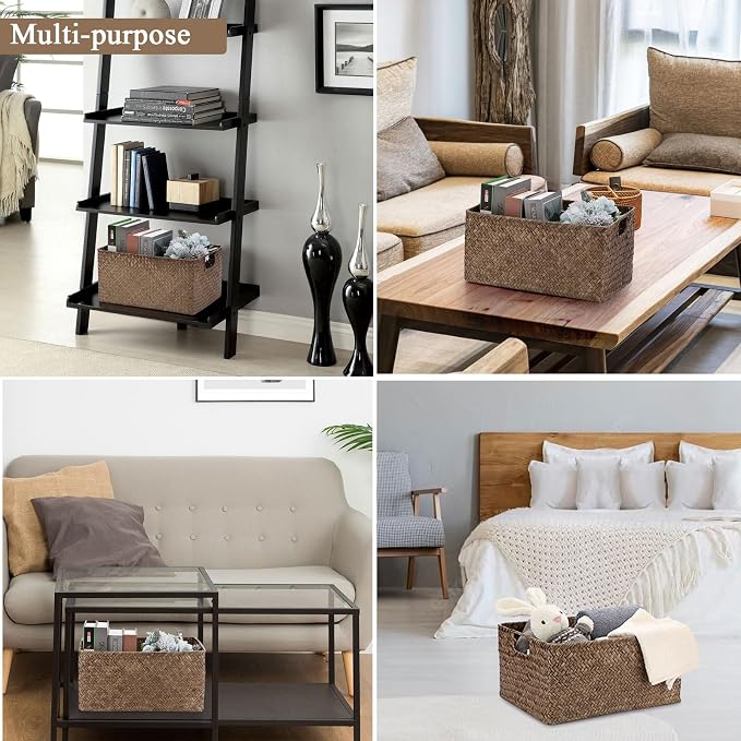 Hipiwe Wicker Storage Baskets Bin for Shelf Rectangular Seagrass Basket | Handwoven Opened Baskets Bin with Handle, Decorative Basket Box for Closet Bedroom Organizer - Image 3
