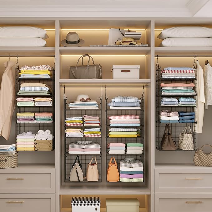 X-cosrack Closet Hanging Organizer Shelves - 5 Tier Wardrobe Organizers and Storage Bin, Hanging Organizer Shelves, Clothes Shelf with Adjustable Dividers for Bedroom Closet Sweater Shoes Handbag - Image 6