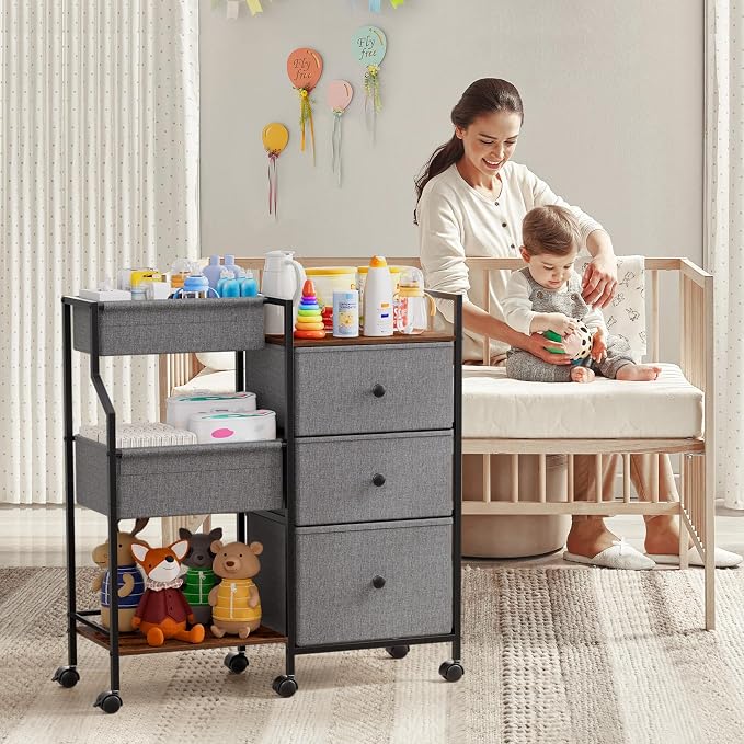 Modanais Baby Diaper Caddy Organizer Rolling Cart with Dividers and Drawers | 3 Tier Rolling Cart, Easy To Assemble, Mobile Utility Cart with Wheels for Nursery, Bedroom, Changing Table & Crib - Image 3
