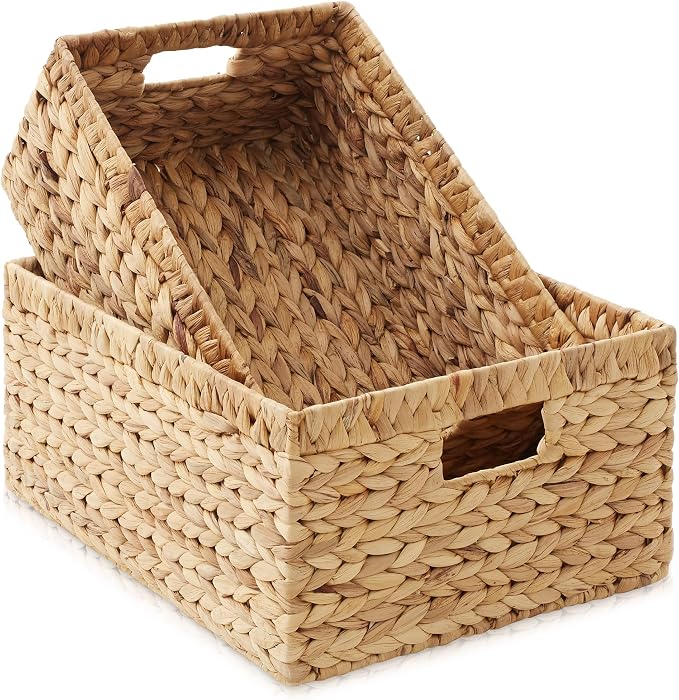 Casafield Set of 2 Water Hyacinth Storage Baskets with Handles - 1-Jumbo, 1-Large Woven Organizers for Bathroom, Laundry, Pantry, Office, Shelves - Image 2